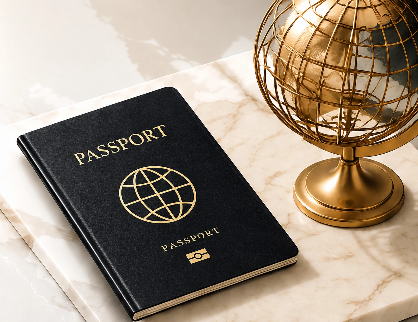 Pasaporte premium y globo dorado